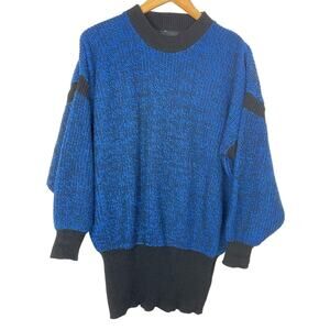 Vintage Blue & Black Knit Sweater 1980s Geometric Chunky